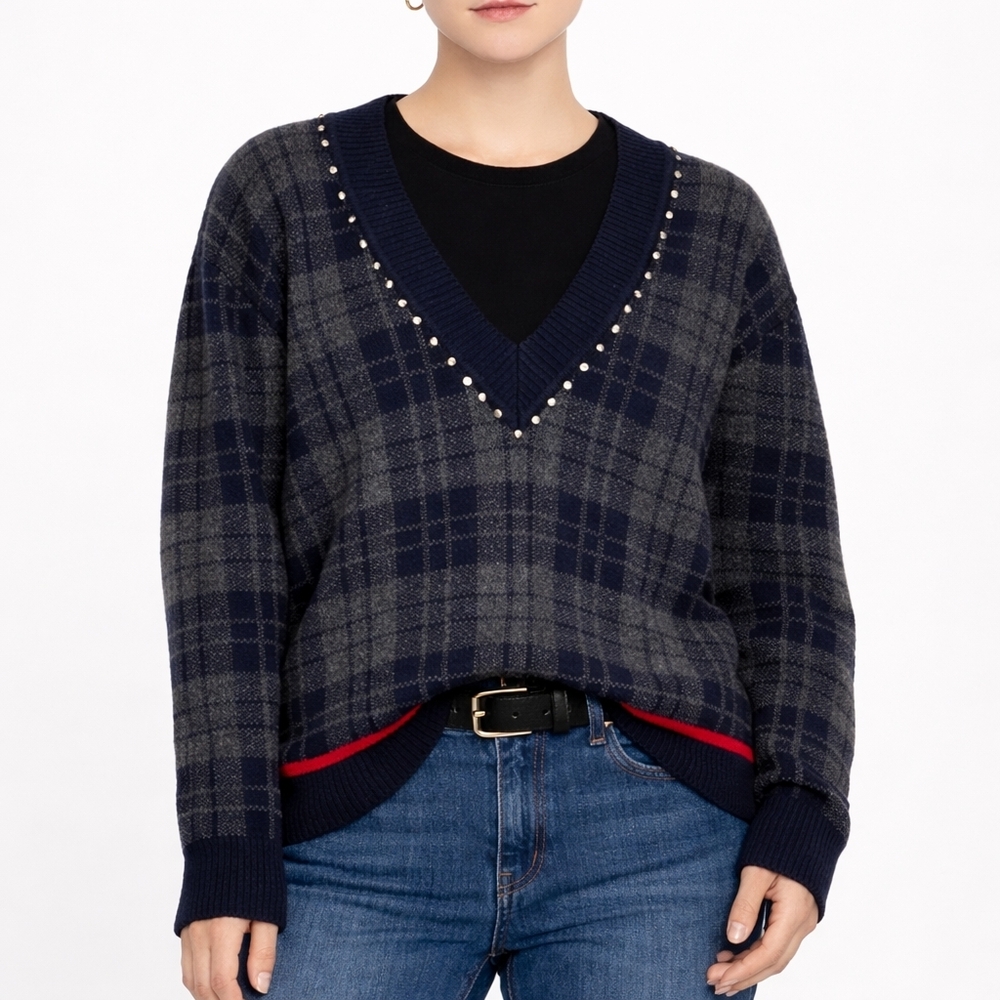 Sandro Paris Plaid V-Neck Embellished Sweater | Navy & Grey | Relaxed Fit